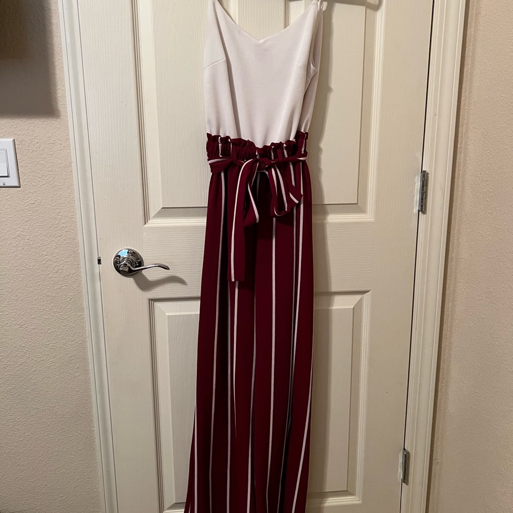 White and maroon Jumpsuit.